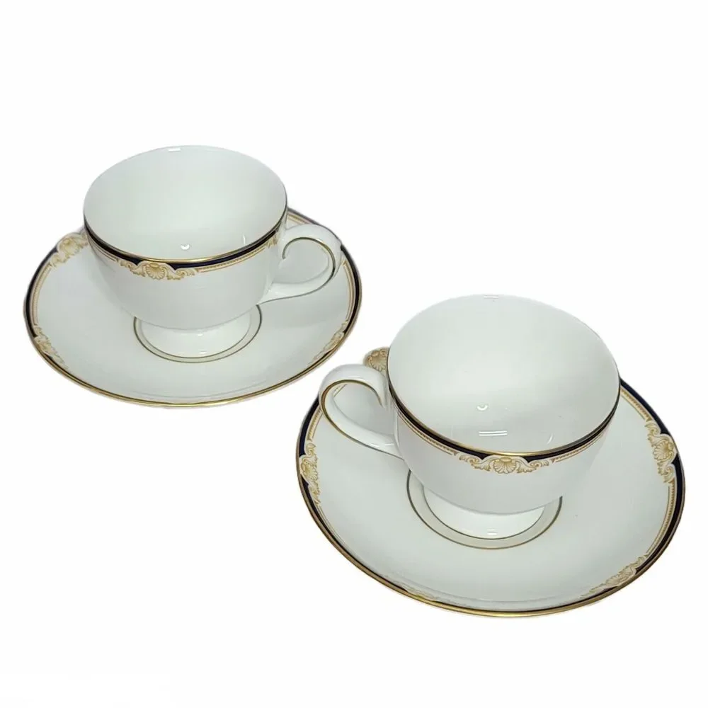 Wedgwood Cavendish Bone China Tea Cup and Saucer Set of 2 Navy Gold England‎